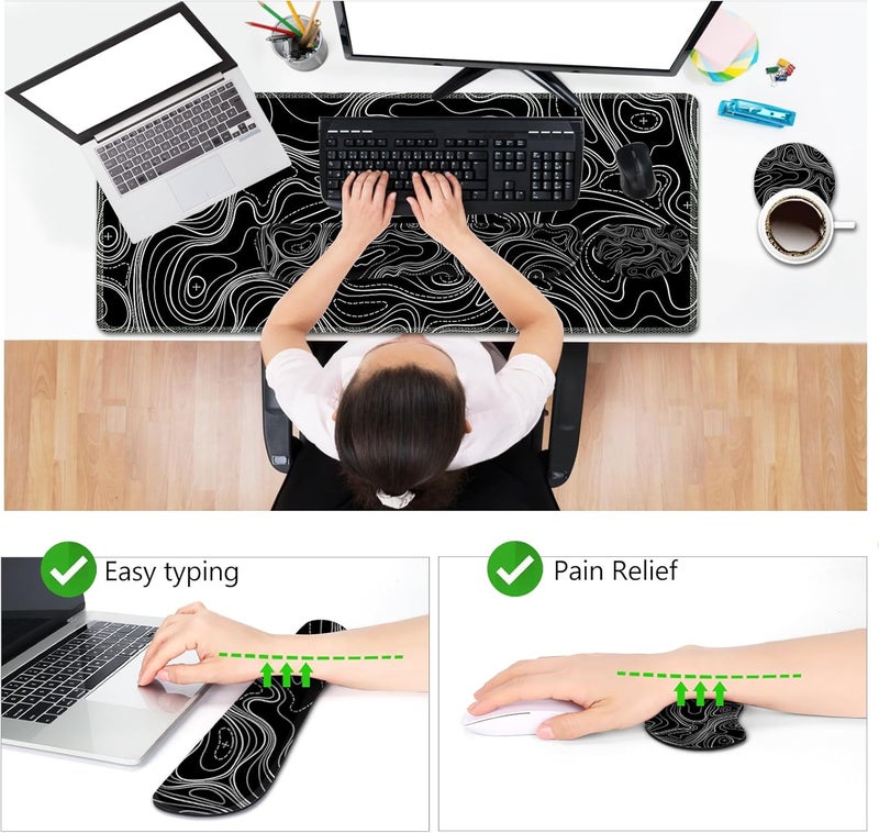 AIMSA Keyboard Mouse Pad Set, Large Gaming Mouse Pad +Wrist Rest Mouse Pad +Keyboard Wrist Support +Coaster, 35x15.7 inch Extended Desk Mat for Easy Typing Pain Relief (Black Topographic) - Image 3